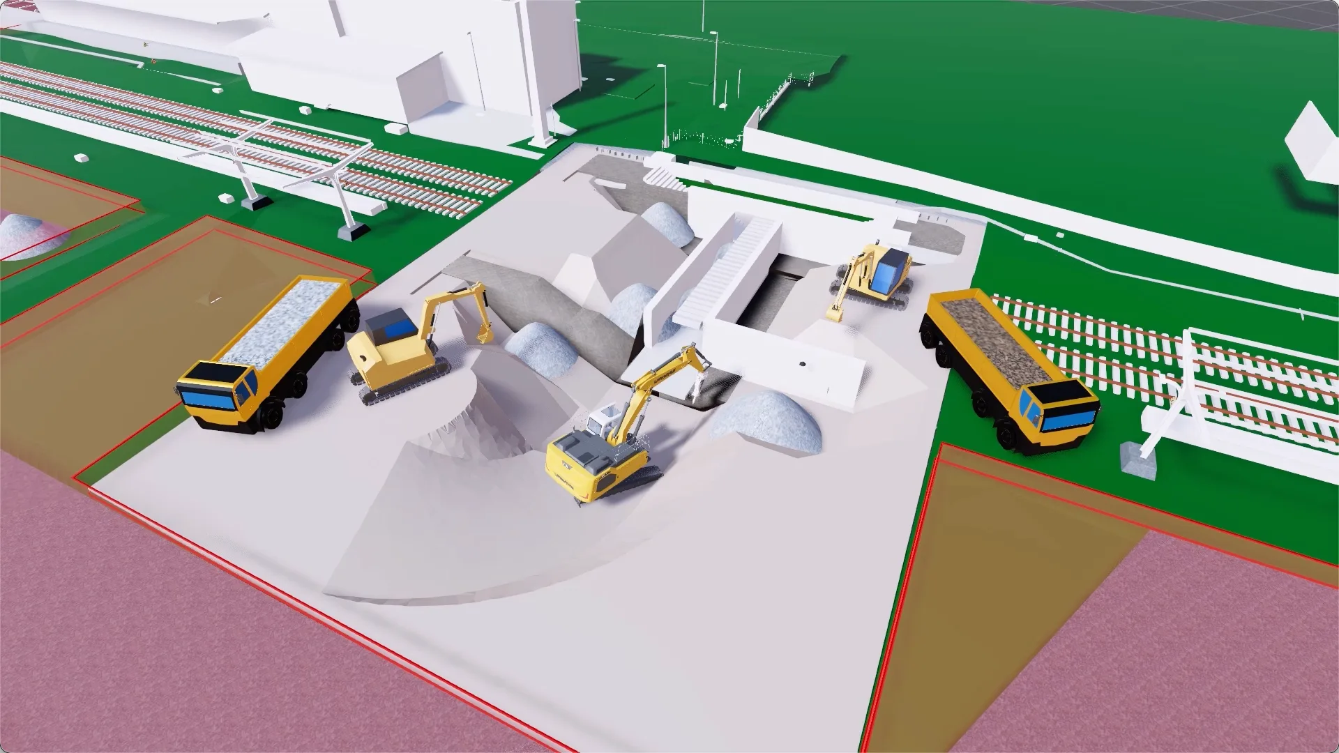 Simulationsmodell der offenen, geböschten Baugrube mit Baggern, Lkw und der Treppenanlage der Personenunterführung