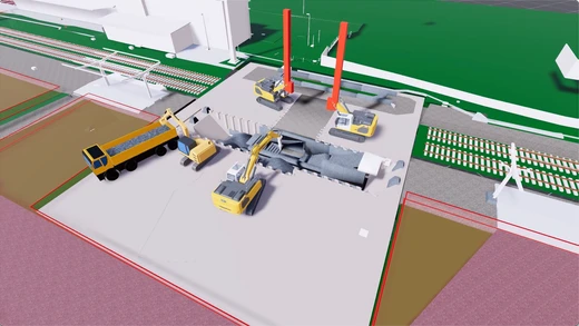 Simulationsmodell der verbauten Baugrube am Haltepunkt Neupetershain mit Spundwandkasten, Baggern und Lkw