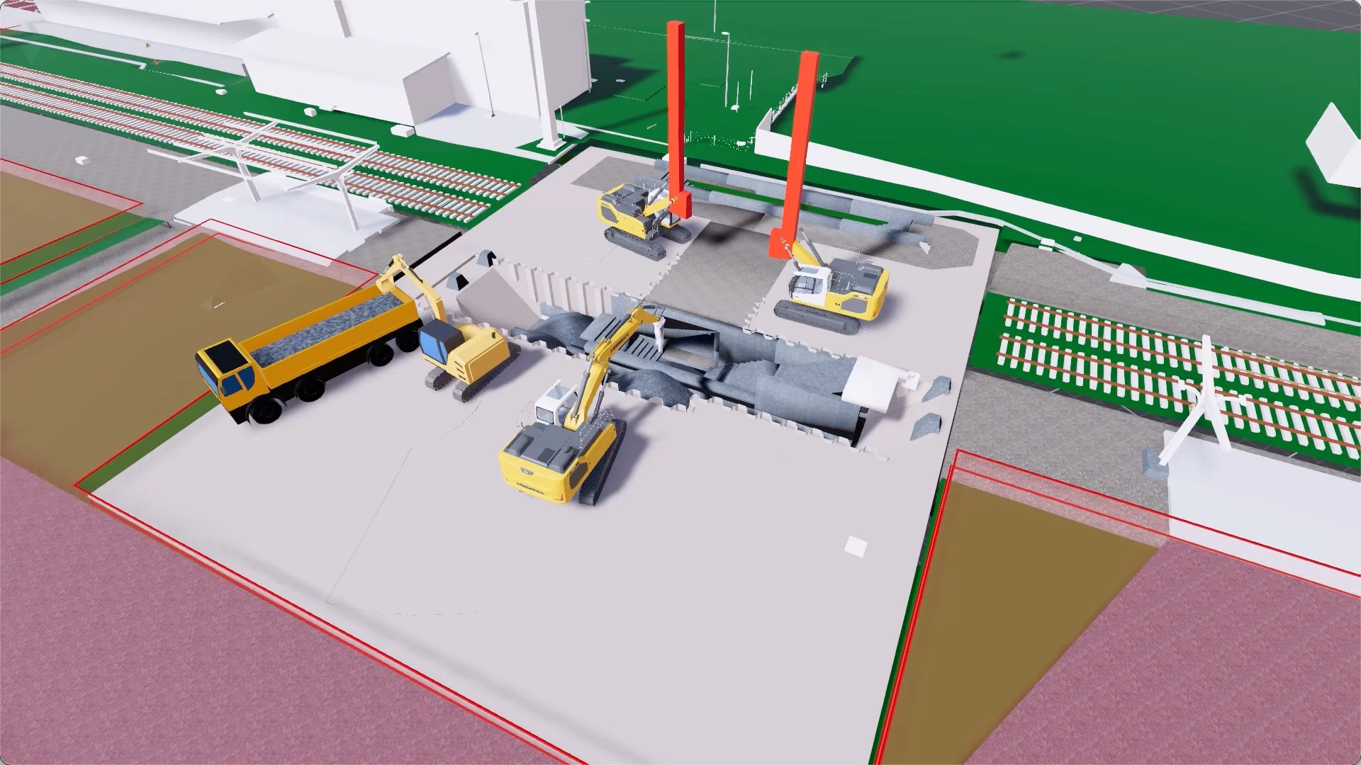 Simulationsmodell der verbauten Baugrube: Spundwandkasten mit Baggern, Lkw und den rot markierten Einbauhilfen