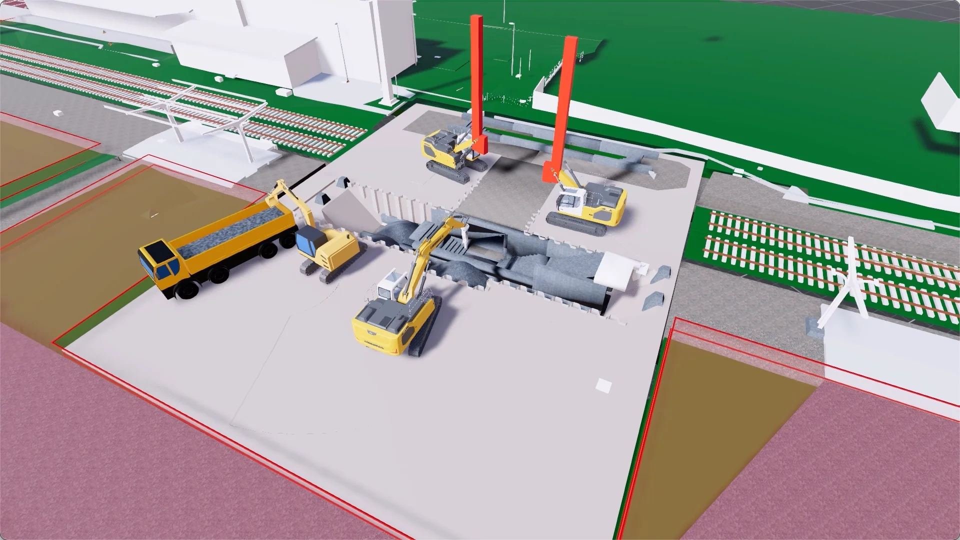 Simulationsmodell der verbauten Baugrube: Spundwandkasten mit Baggern, Lkw und den rot markierten Einbauhilfen