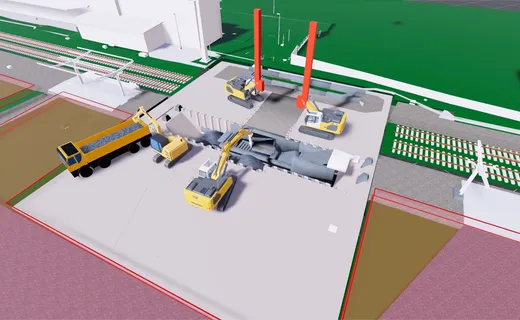 Simulationsmodell der verbauten Baugrube am Haltepunkt Neupetershain mit Spundwandkasten, Baggern und Lkw