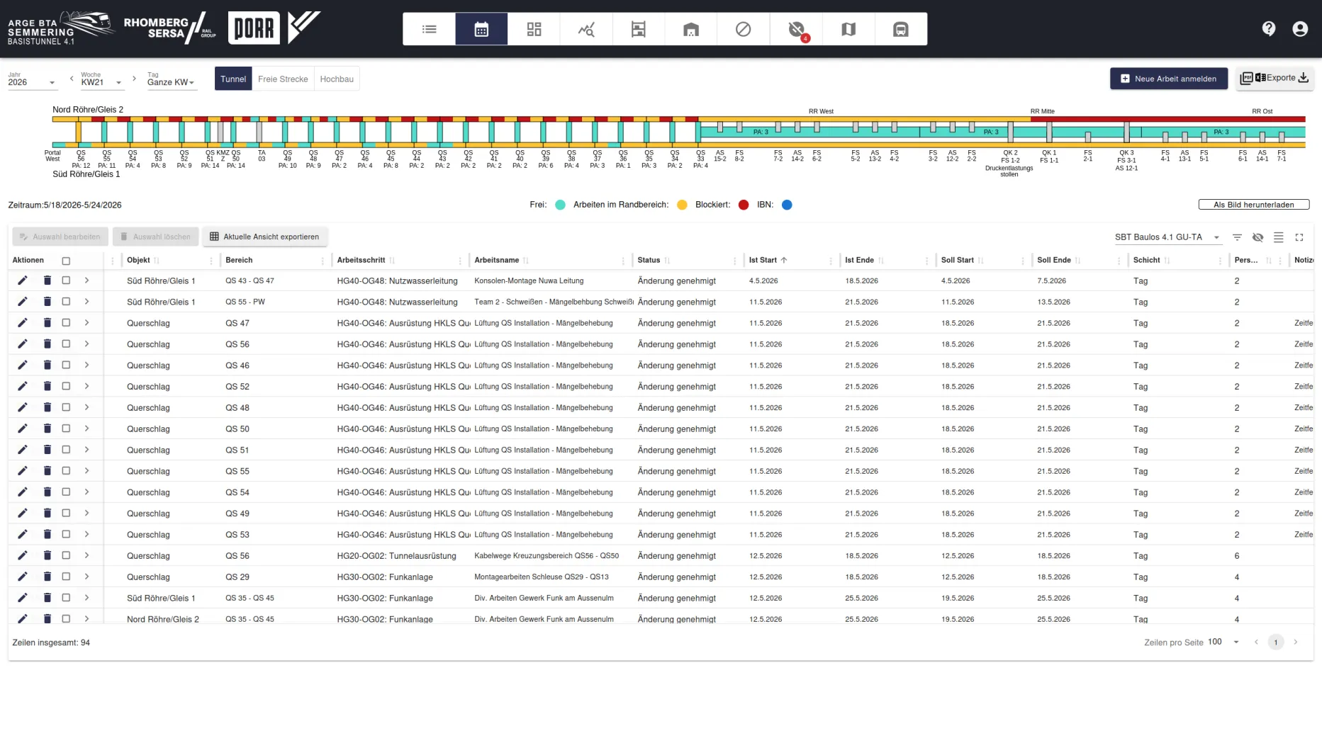 Kalender — Bildschirmausschnitt der Construction-Management-Plattform