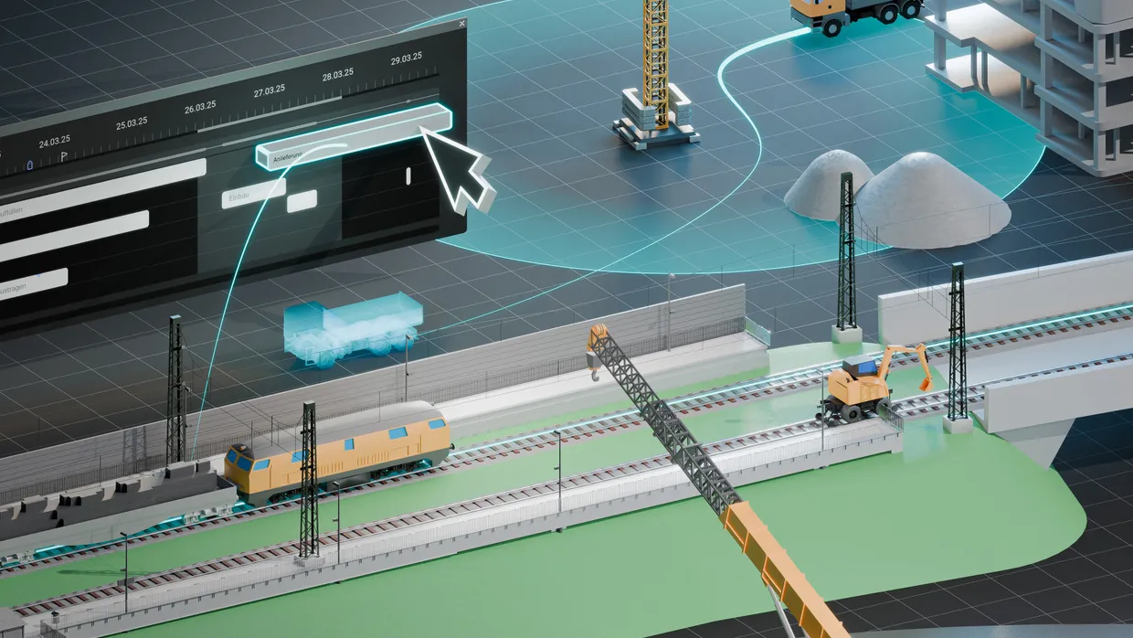Digitale Bauablaufsimulation eines Bauprojekts mit Timeline und Maschinen