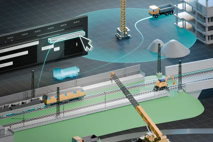 Digitale Bauablaufsimulation eines Bauprojekts mit Timeline und Maschinen