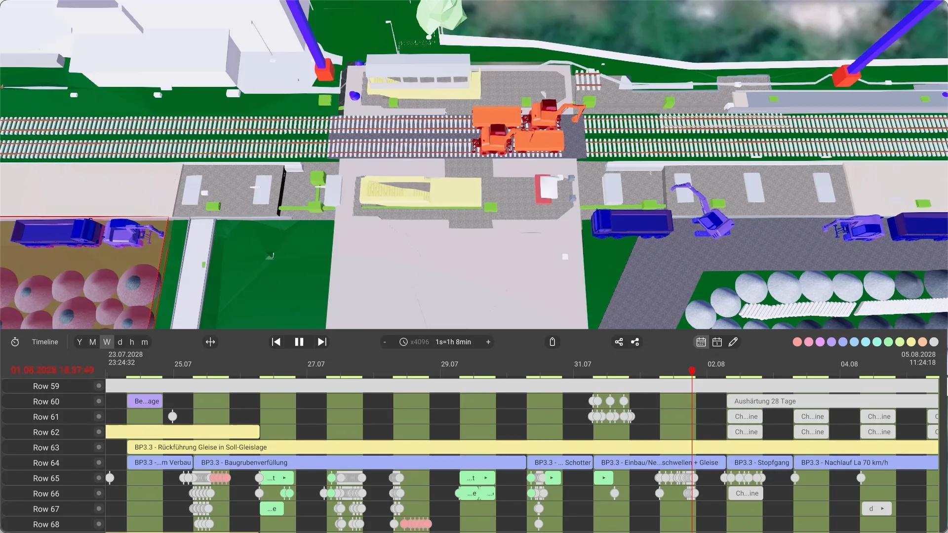 dProB-Ansicht: 3D-Modell der Baustelle über einer Zeitleiste mit den Vorgängen Baugrubenverfüllung, Gleiseinbau und Stopfgang