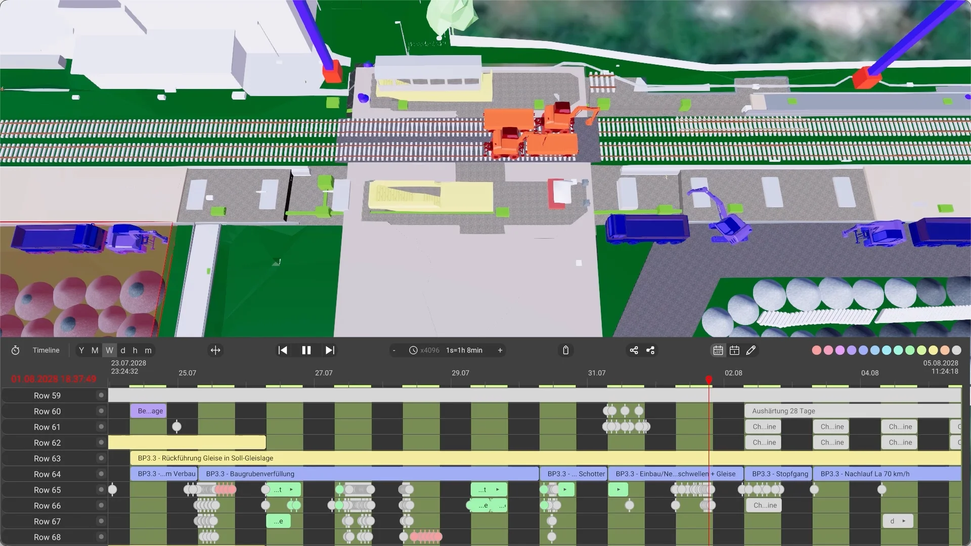 dProB-Ansicht: 3D-Modell der Baustelle über einer Zeitleiste mit den Vorgängen Baugrubenverfüllung, Gleiseinbau und Stopfgang