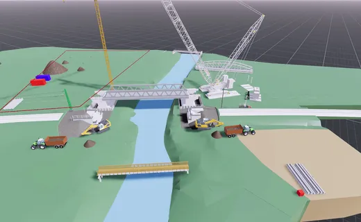 Simulation model of the Else railway bridge with the existing structure, cranes and site setup