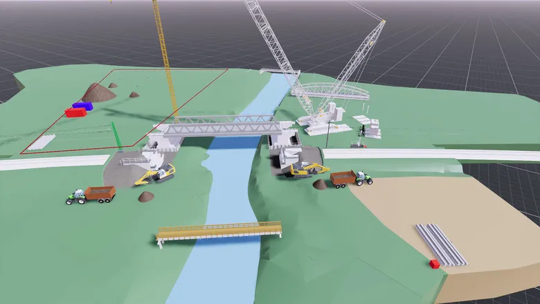 Simulationsmodell der EÜ Else mit Bestandsbrücke, Kranen und Baustelleneinrichtung