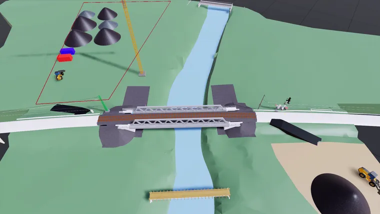 Simulationsmodell der EÜ Else von oben: neue Fachwerkbrücke mit Gleis über dem Fluss, Schottermieten, Kran und Baustraßen im Umfeld