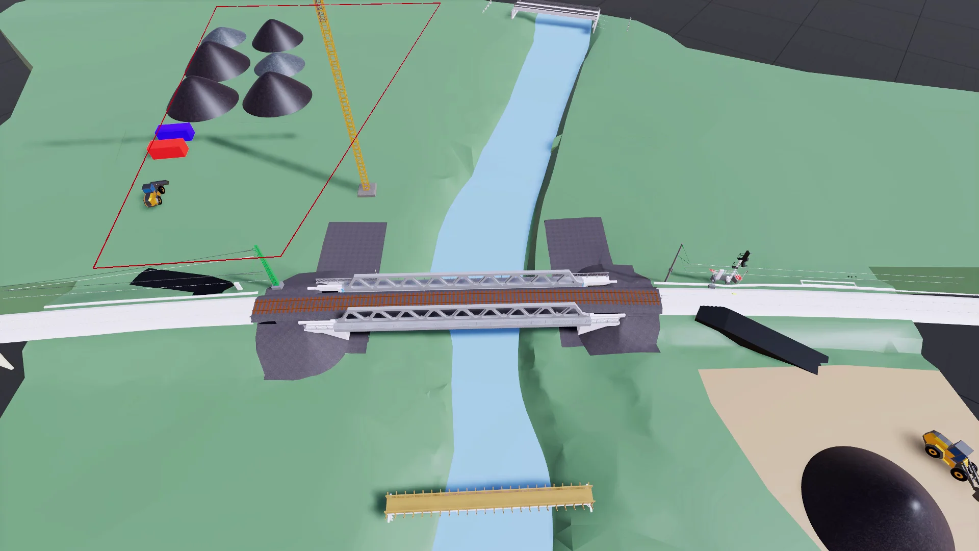 Simulationsmodell der EÜ Else von oben: neue Fachwerkbrücke mit Gleis über dem Fluss, Schottermieten, Kran und Baustraßen im Umfeld