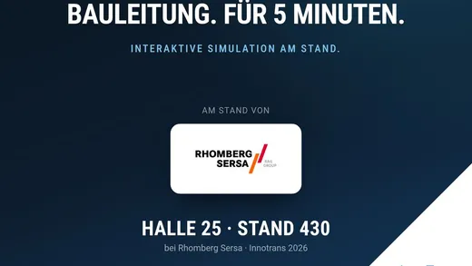 Ankündigungsgrafik „Übernehmen Sie die Bauleitung. Für 5 Minuten.“ – interaktive Simulation am Stand von Rhomberg Sersa, InnoTrans 2026, Halle 25, Stand 430