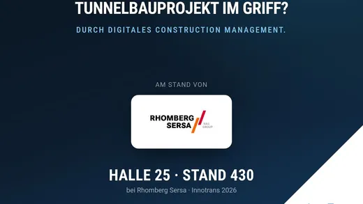 Grafik „Wie behalten Sie ein komplexes Tunnelbauprojekt im Griff? Durch digitales Construction Management.“ – InnoTrans 2026, Halle 25, Stand 430