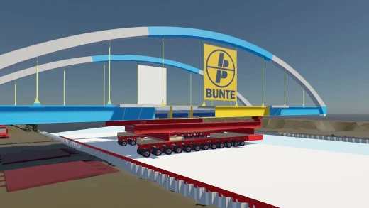 Simulationsansicht der Loeringhoff-Brücke auf dem Schwerlast-Transporter mit BUNTE-Banner