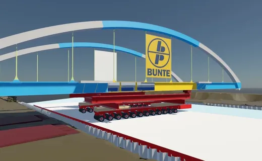 Simulation view of the Loeringhoff bridge on the heavy-load transporter with the BUNTE banner