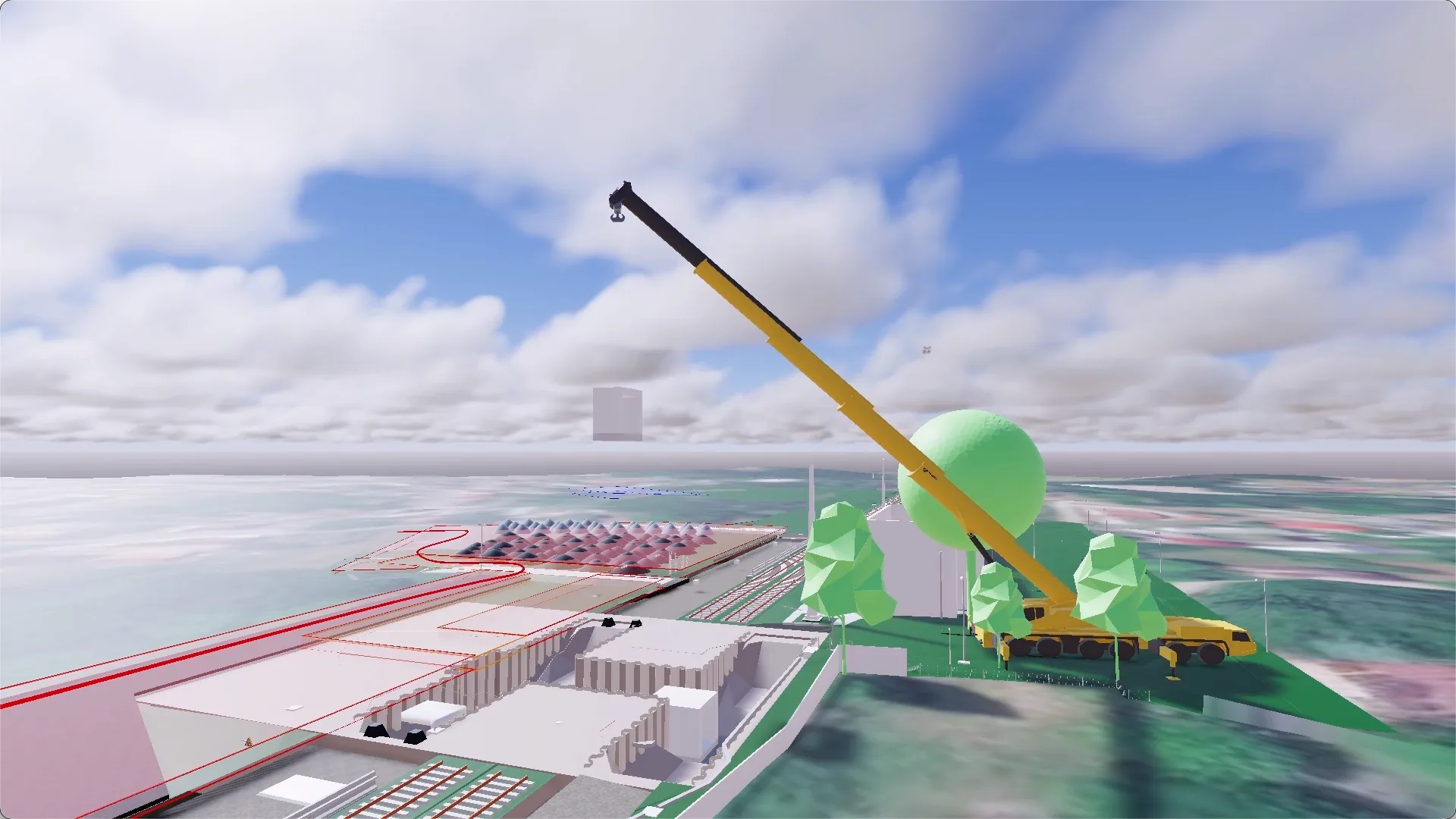 Simulationsmodell des Haltepunkts aus der Vogelperspektive: Mobilkran mit ausgefahrenem Ausleger neben Gleisen, Bahnsteig und den rot markierten Baustelleneinrichtungsflächen