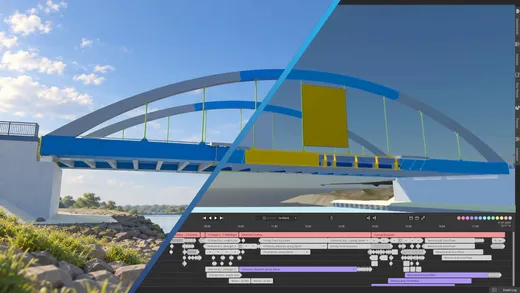 Die Loeringhoff-Brücke zweigeteilt: links als fotorealistische Visualisierung am Kanalufer, rechts als Simulationsmodell in dProB mit der Zeitleiste des Bauablaufs